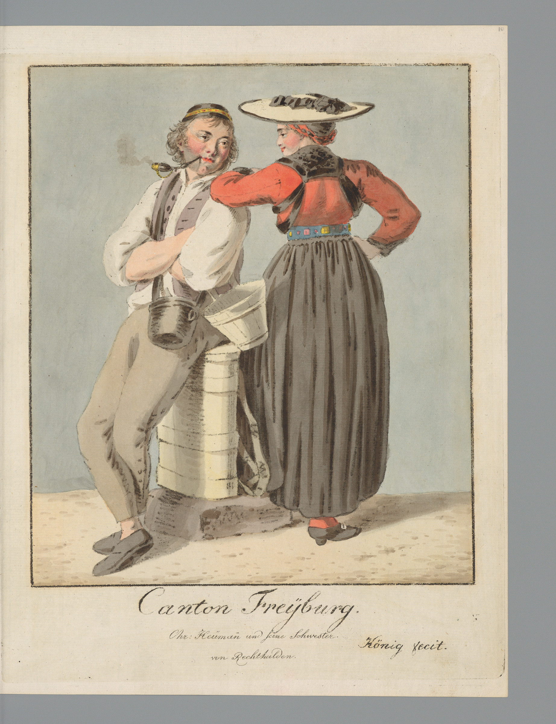 Männliche Ganzfigur in Freiburger Tracht auf Milchbrente sitzend, weibliche Ganzfigur in Rückenansicht in Freiburger Tracht