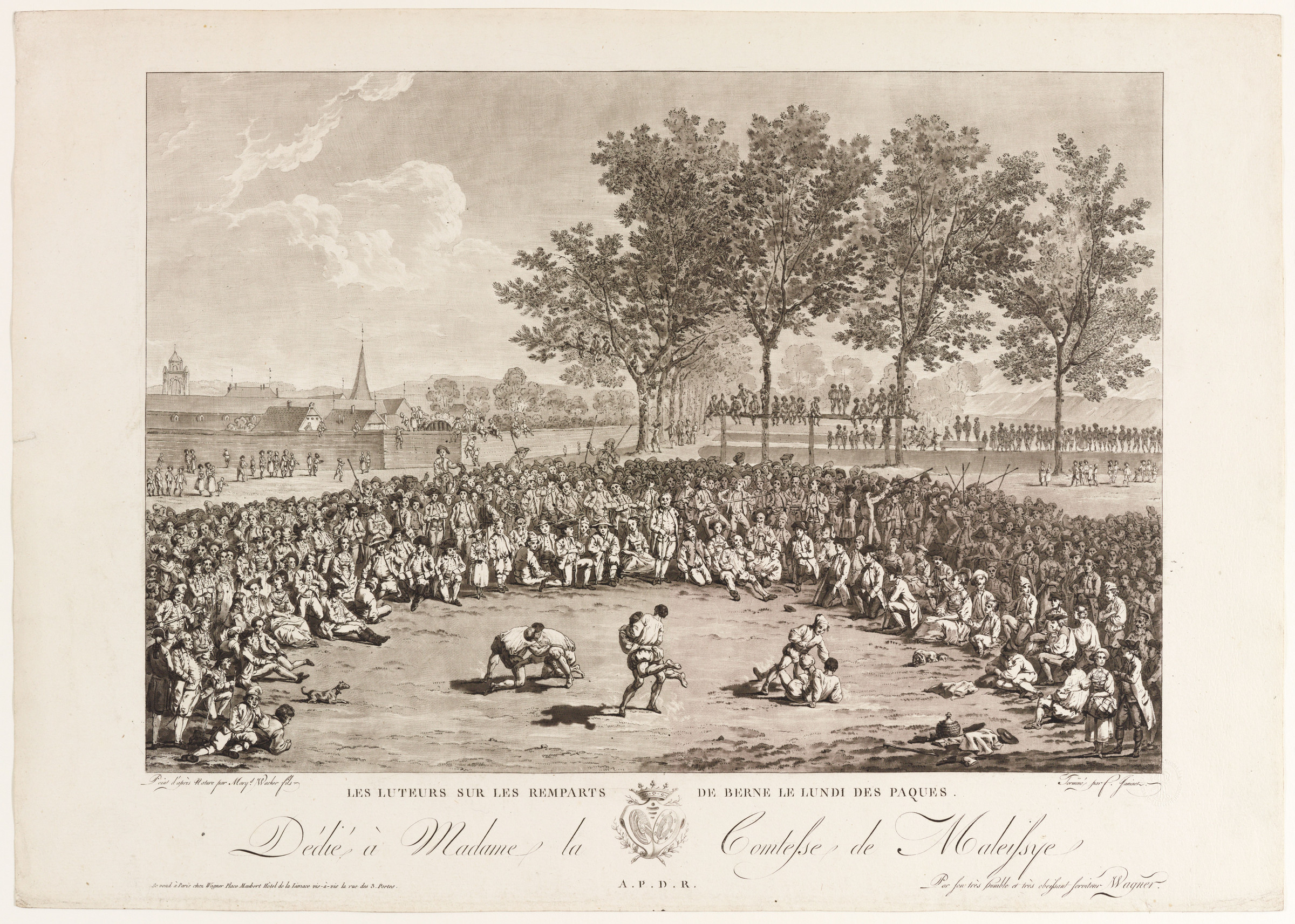 Drei kämpfende Schwingerpaare in einem Kreis, umgeben von Zuschauern auf der Schanze in Bern