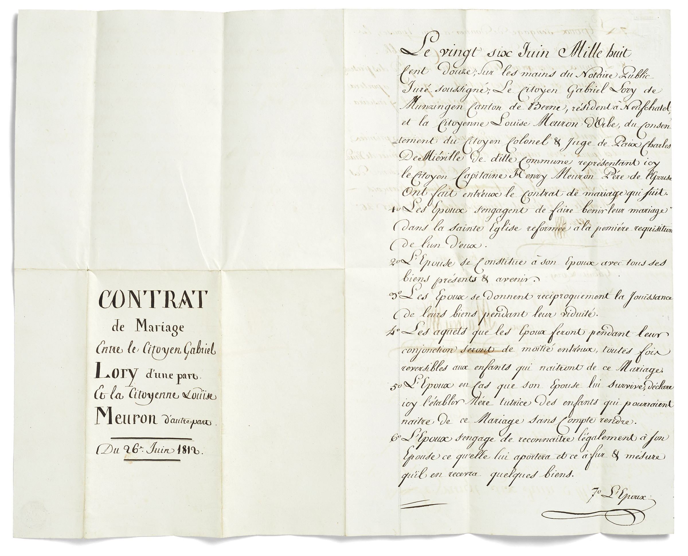 Heiratsurkunde für Henriette-Louise de Meuron und Gabriel Lory «Fils»