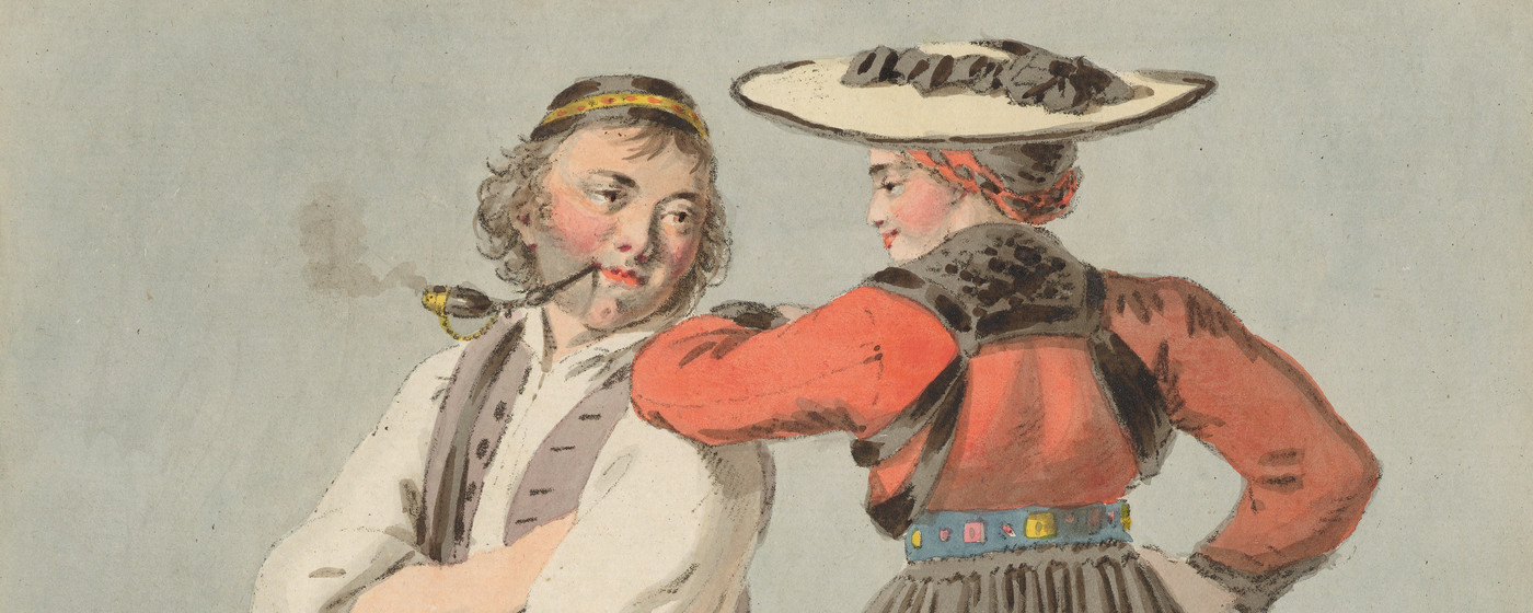 Männliche Ganzfigur in Freiburger Tracht auf Milchbrente sitzend, weibliche Ganzfigur in Rückenansicht in Freiburger Tracht