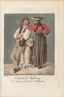 Männliche und weibliche Ganzfigur in Trachten des Kantons Freiburg