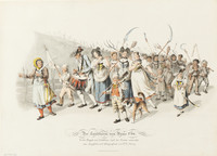 Figurengruppe mit Bauern, Bäuerinnen und Kindern, die mit landwirtschaftlichen Geräten gegen die Besatzung durch die Franzosen aufbegehrt