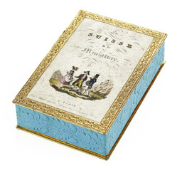 Schatulle mit Prägedekor, stellenweise vergoldet, dazu 5 kleine Hefte