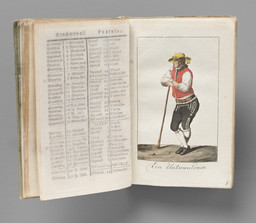 Männliche Ganzfigur in Tracht der Region Unterwalden, die sich in Dreiviertelposition auf einen Stock abstützt