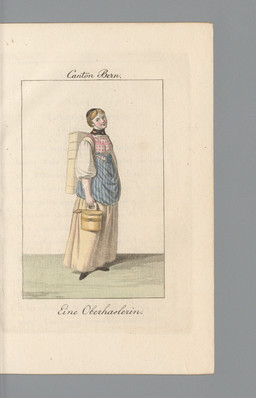 Weibliche Ganzfigur in der Tracht der Region Meiringen, Bäuerin trägt eine Milchbrente auf dem Rücken, hinter ihr befindet sich eine Landschaft mit Wasserfällen