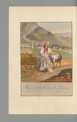 Weibliche Ganzfigur in der Tracht des Kanton Schwyz, sitzend ein Schaf streichelnd, eingebettet in einer Landschaft mit dem Kloster Einsiedeln 