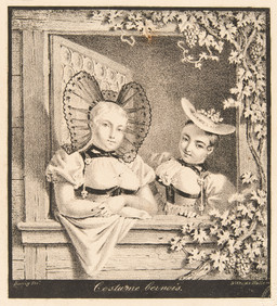 Zwei Bauernmädchen in Halbfigur in der Berner Tracht des Empire-Stils am Fenster mit Rosshaarhaube und Schwefelhütchen, Vorlage für Transparente